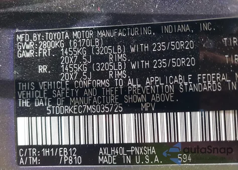 2021 Toyota Sienna Xse z USA, uszkodzony, nr VIN 5TDDRKEC7MS035725